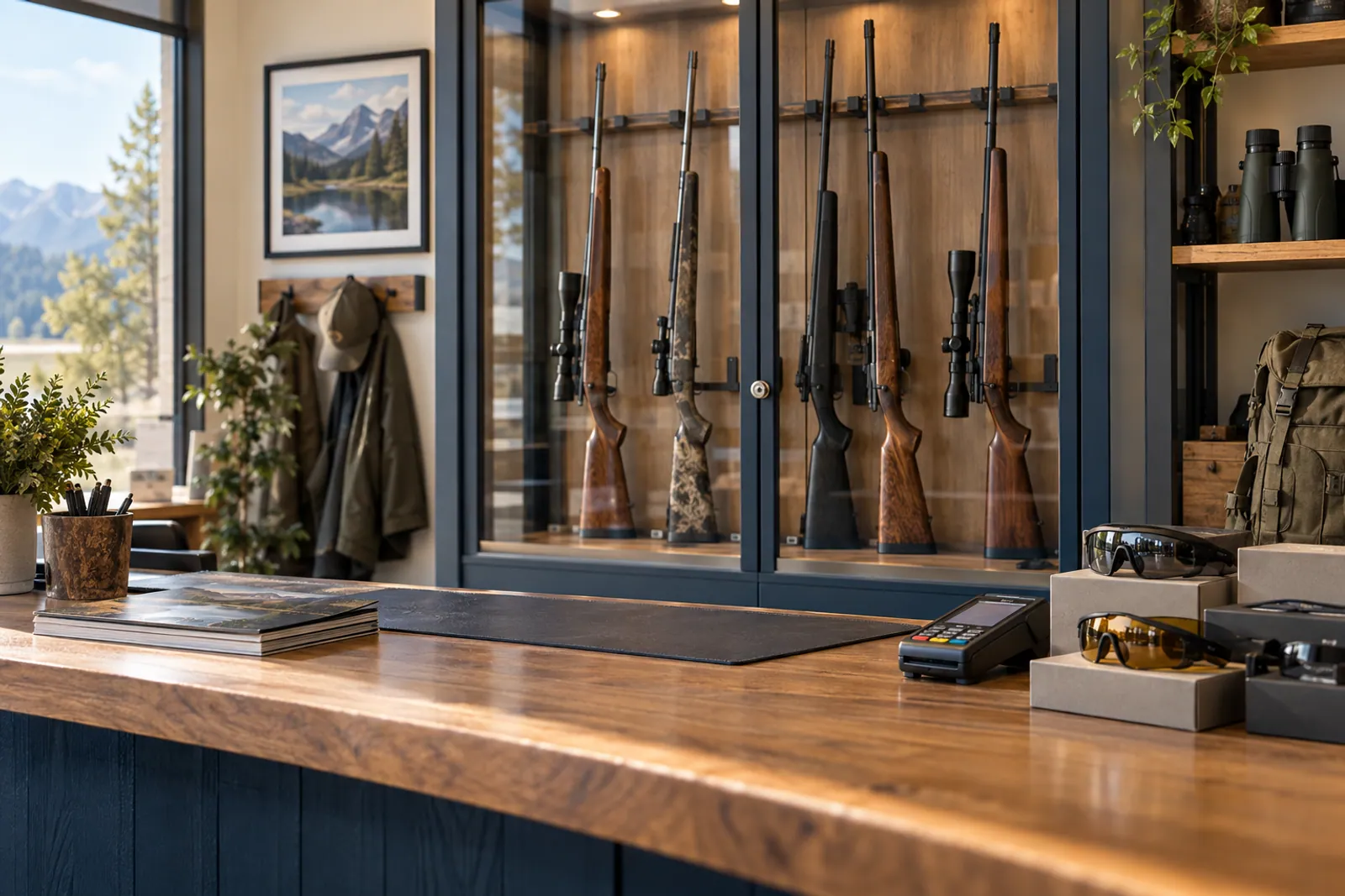 Illustrative scene: Secured sporting long guns behind a glass display at an independent retail counter