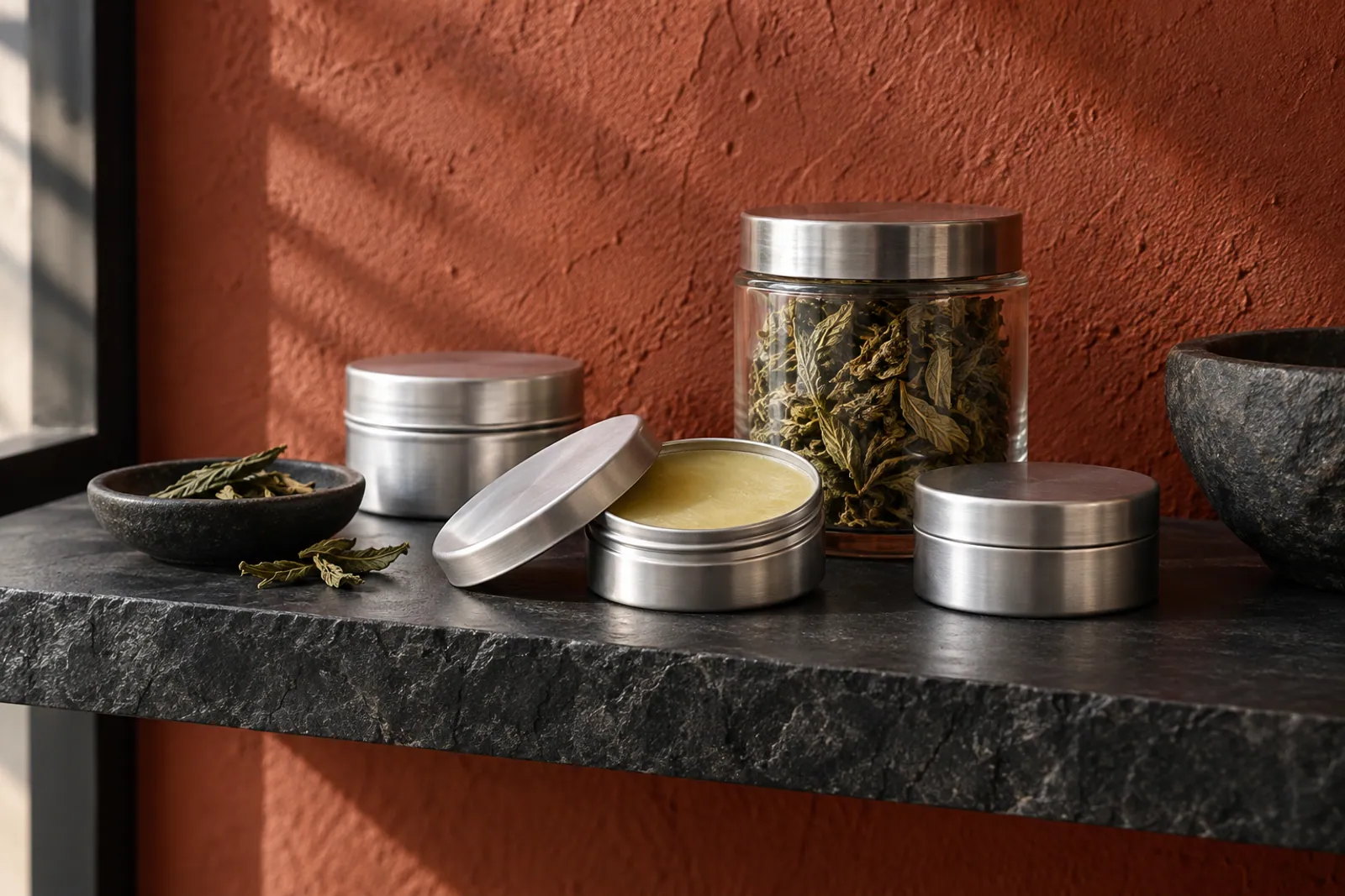 Illustrative scene: Unbranded botanical balm tins and dried hemp leaves on a black stone retail shelf