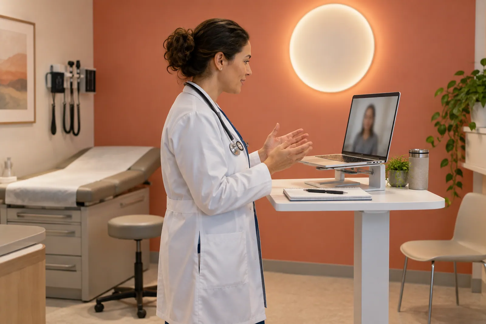 Illustrative scene: A clinician conducting a remote consultation from a contemporary exam room